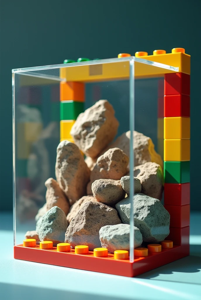 make a mini museum of types of rocks with a theme of lego the rocks are inside of a transparent glass