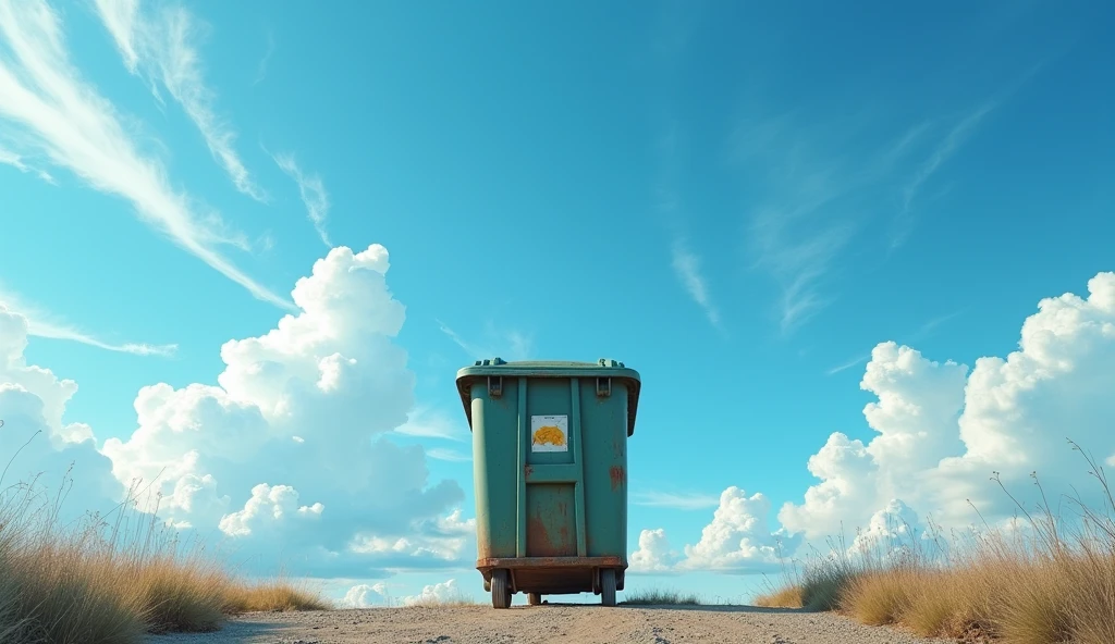 trash, dumpster, centred, blue sky, beautiful clouds, light, beautiful light, realistic, 4k, 8k,