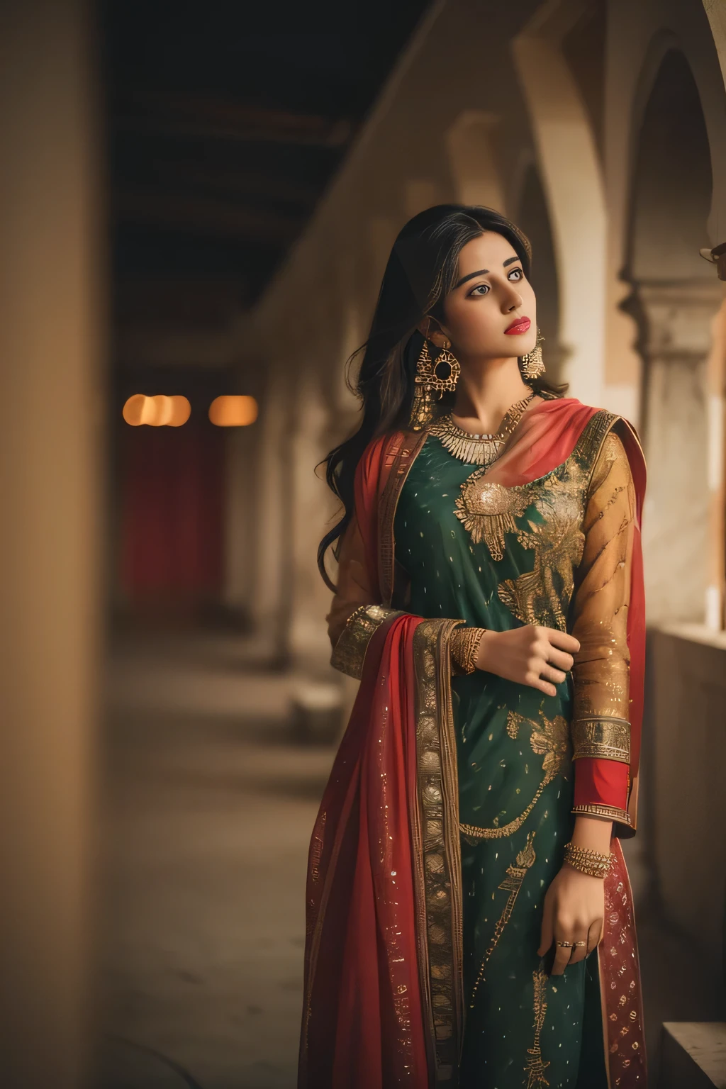 A candid photo of a sexy bhabhi in a hot Pakistani suit. She is standing near a wall. The background is blurred and contains a building. The lighting is soft.