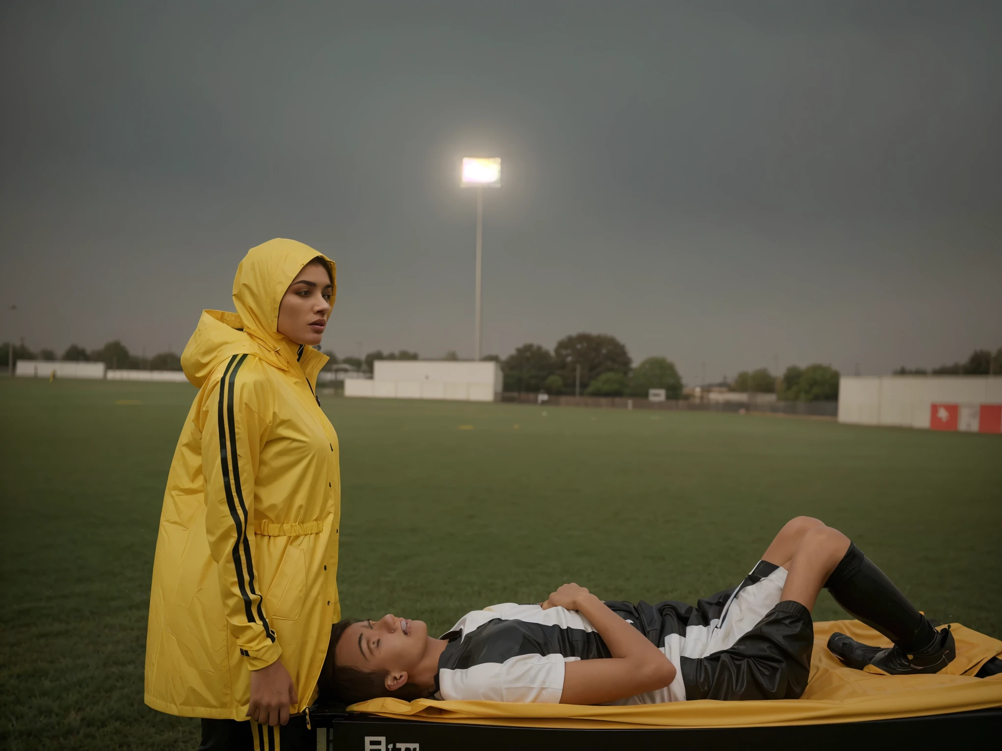 arab woman in shiny raincoat, injured fairskinned soccer player lying on a stretcher, lying german soccer player in matte cotton sportswear, a blond soccer player is lying and wears dull cotton sportswear, a german soccer player in cotton sportswear is lying on a stretcher, soccer action pose, soccer, sports injury, theatralic erotic action, intense erotic scene, erotic pose, a love scene, interracial loving action, erotic, an injured soccer-boy in matte cotton sportswear is eyaggeratedly rearing up in pain on a stretcher, an injured soccer-boy in matte cotton sportswear is theatrically rearing up in pain on a stretcher, a terrified but attractive arab girl in a yellow vinyl raincoat is evacuating an injured soccer-boy from a soccer field, an injured soccer-boy in matte cotton sportswear is exaggeratedly rearing up in pain on a stretcher while he is evacuated from the field of play by a very attractive arab woman in shiny clothes, an injured soccer-boy is crying in pain, an attractive african girl in a wet deep black shiny plastic-jacket is giving first aid, dramatic action scene, first aid, injury, pain, agony, helping woman, woman carrying a man, an attractive african girl in a black shiny biker- jacket, an attractive african girl in a wetlook shiny patent-leather-biker-jacket with lipstick and madeup smokey eyes, a consciousless german boy in a cotton shirt and a matte jeans, an attractive arab girl with lots of makeup in a very shiny yellow raincoat, an attractive arab girl is wearing a shiny yellow raincoat, an attractive arab girl with smokey eyes, an attractive madeup girl in shiny leather with lipstick, an attractive arab girl is carrying a german boy, a matte clothed injured boy, a shorthaired boy with cotton t-shirt, a shorthaired boy needs to be carried while wearing matte sportswear, first aid, pity, 📷, first aid, pity, 📷