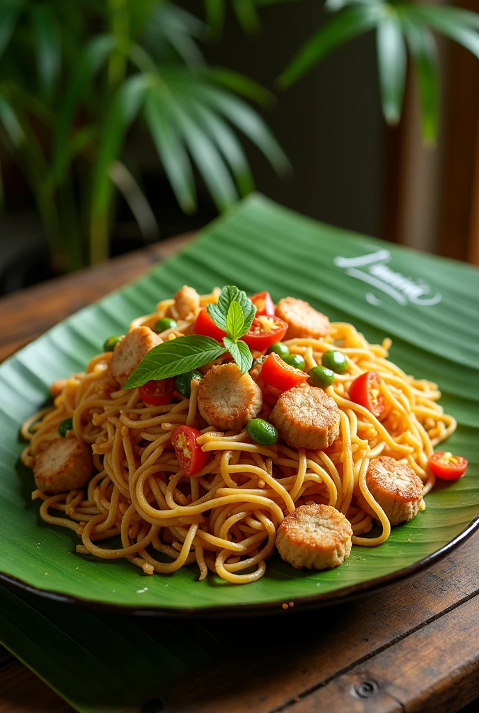 Create a realistic photo of Indonesian fried noodles (mie goreng) served on a plate placed on a banana leaf laid on a wooden table. The plate should have a generous portion of the noodles, garnished with vegetables and chicken. On the banana leaf, there should be a visible sign or label with the name 'DAMIAN' written in elegant, readable font.