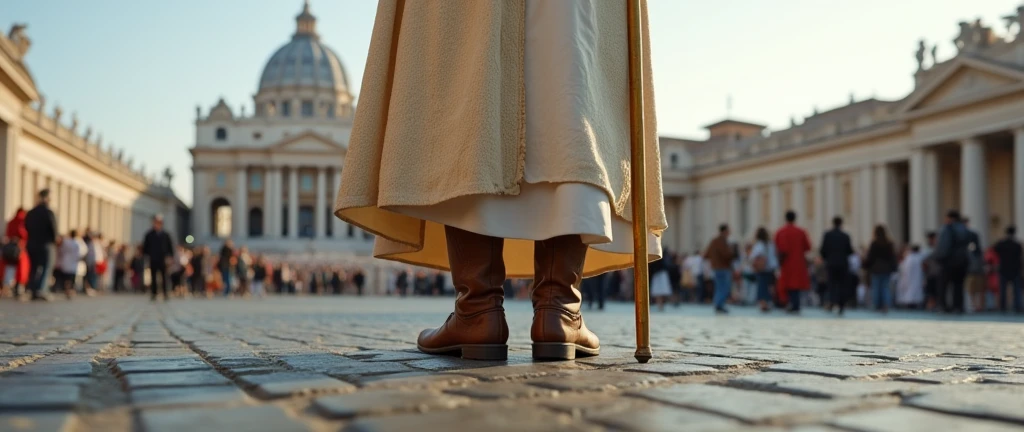 The camera is on the ground and the focal point of the image is the close on the boots a of Pope. Pope is standing back to the camera and wearing a rustic laceless, brown, high-top leather boots, typical of field workers. The Pope wears a white tunic decorated with papal insignia, a cloak and a long golden papal scepter with a cross on the top next to him . The background is a panoramic view St. Peter's Basilicain the Vatican, crowded with tourists. The scene captures the moment of religious significance and the historical and artistic richness of St. Peter's Square. Ultrarealistic Ultrarealistic photo, 16k, ultra high resolution, photorealistic, Ultra HD.