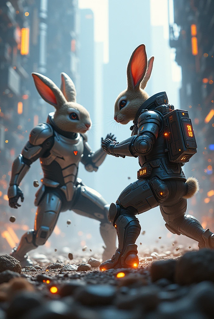 A rabbit with wearing clothes in sci fi world fighting with enemy 