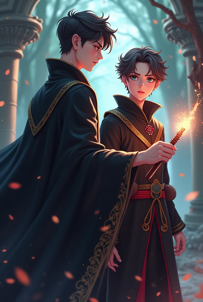 A cute young man character in a fantasy era, a magical world, attractive colors, a sweet-faced young man holding a magic wand in his hand, magic, cool robes, a young man, a magic wand in the Harry Potter series, a black and gold robe that looks intimidating, two young men, one with a sweet face, the other with a sharp and fierce face.