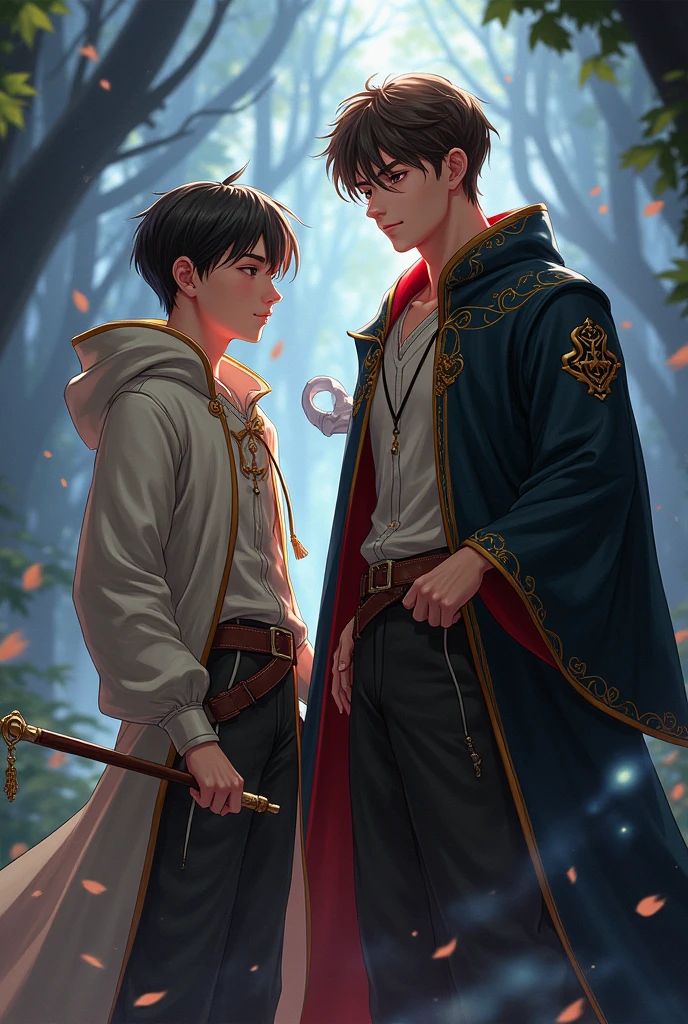 A cute young man character in a fantasy era, a magical world, attractive colors, a sweet-faced young man holding a magic wand in his hand, magic, cool robes, a young man, a magic wand in the Harry Potter series, a black and gold robe that looks intimidating, two young men, one with a sweet face, the other with a sharp and fierce face.