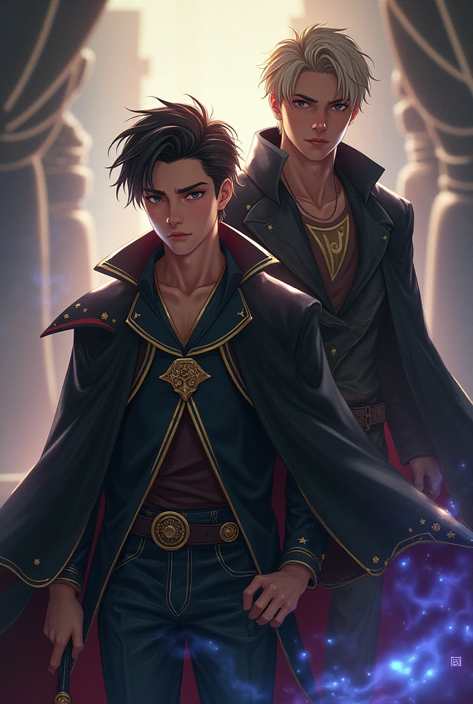 A cute young man character in a fantasy era, a magical world, attractive colors, a sweet-faced young man holding a magic wand in his hand, magic, cool robes, a young man, a magic wand in the Harry Potter series, a black and gold robe that looks intimidating, two young men, one with a sweet face, the other with a sharp and fierce face.