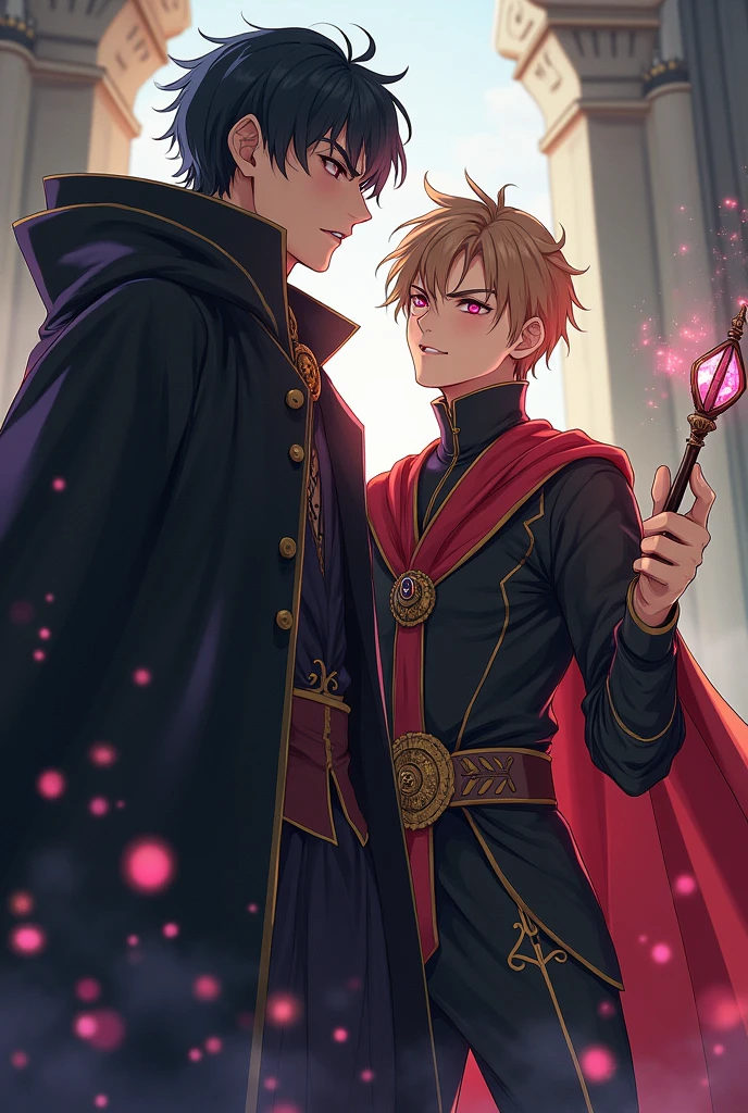 A cute young man character in a fantasy era, a magical world, attractive colors, a sweet-faced young man holding a magic wand in his hand, magic, cool robes, a young man, a magic wand in the Harry Potter series, a black and gold robe that looks intimidating, two young men, one with a sweet face, the other with a sharp and fierce face.