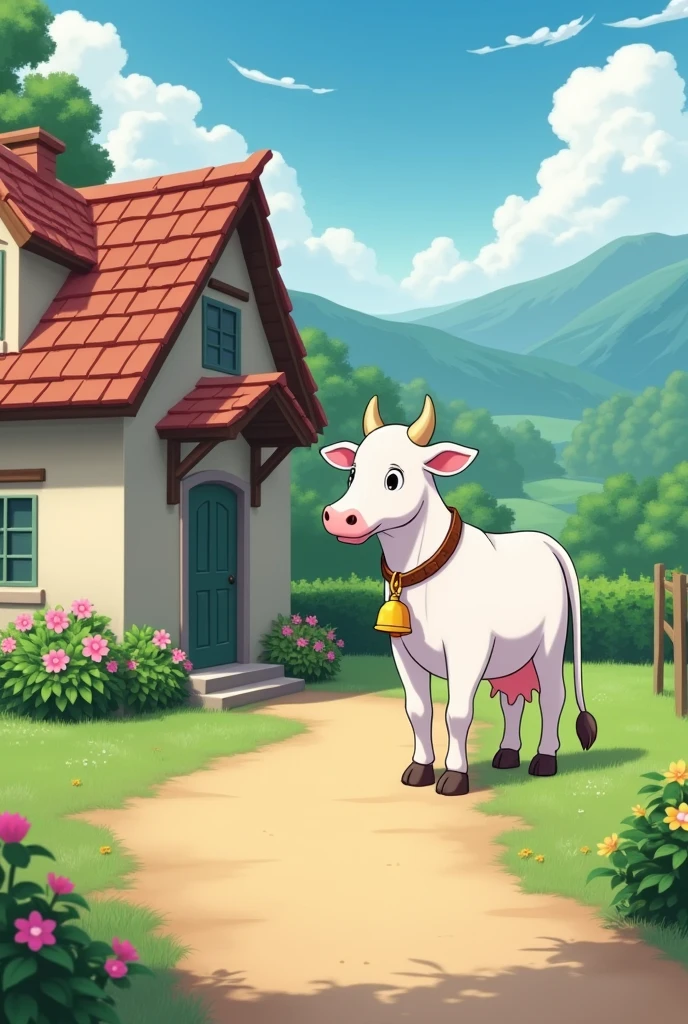 A beautiful house with a lovely white cow tied up. The cow has a pretty yellow bell around its neck.create a anime image of that 