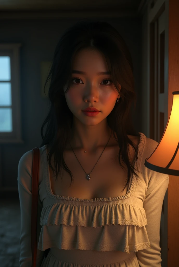 (highest quallity:1.4),(work of art:1.4),(realisitic:1.4),(realisitic:1.2),(超high resolution, RAW Photos:1.4),(high resolution, ultra detali:1.2),(8k:1.2),See your viewers,Cinematography,A person,skeletally correct,Black haired woman,Woman in her early 20s,(Small Earrings,necklase,Casual style tiered ruffled sweater dress),(Western style building interior,poorly lit room,The lamplight shines on my cheeks)