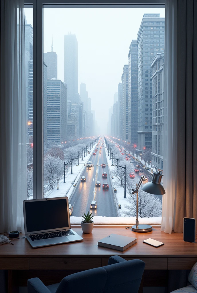 20 sorty bulding inside pov viewing the city and bedroom the weather is snowwing but a little sunny and the busy cars going to work but with bed higher and more cars snowing and so much cars
No women and little sunny higher
also a desk with laptop and a chair and iphone and a bag holder