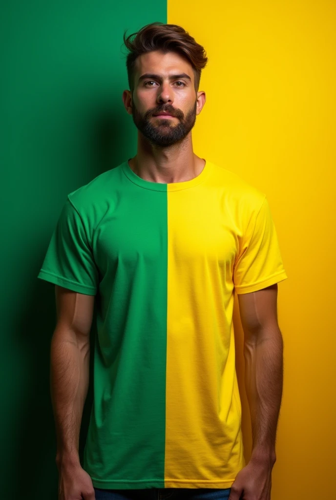 Half and half green and yellow t shirt front dark green and yellow man, the green a little more to the right