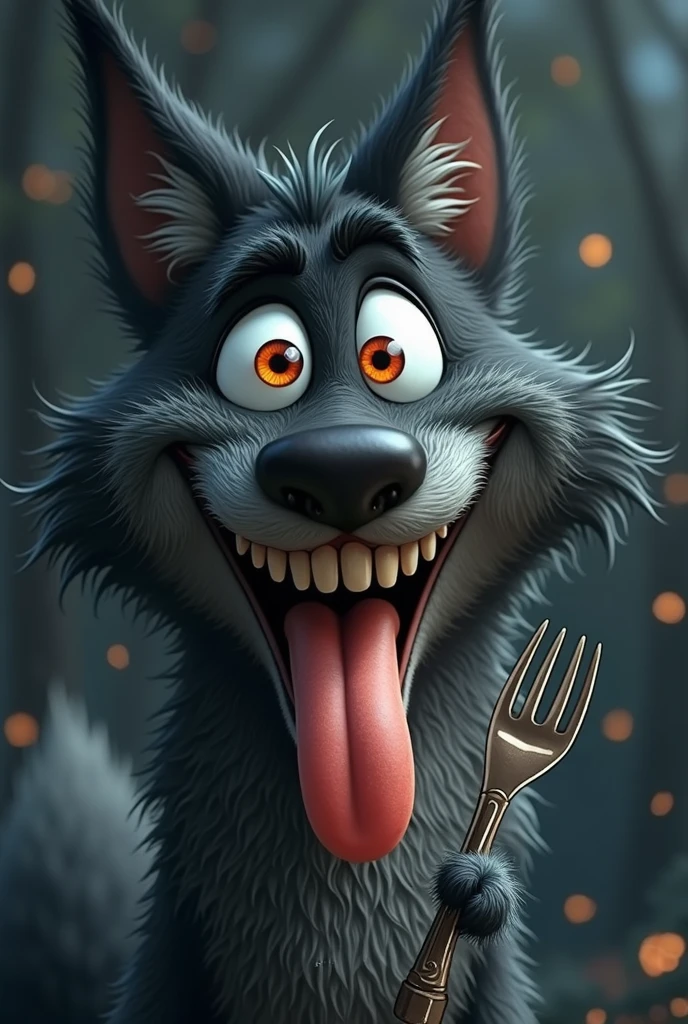 A hand drawn whimsical, cartoonish furry black fox with large, expressive orange eyes, and exaggerated facial features with canine teeth, long jaw, stands with a mischievous, wide-eyed grin, holding a fork in one hand and a knife in other hand and matching the exact expression as the (reference image:1.4). The fox's fur is dark black with tufts of fur adding texture and character. Its mouth is open wide with a comically large tongue sticking out, adding to its playful and mischievous appearance. The overall style is highly detailed with a touch of (hand-painted quality:1.4), focusing on exaggerated expressions:1.3, vibrant colors, and a humorous, light-hearted mood. The background is a softly blurred, dark-toned forest with hints of light filtering through the trees, adding to the magical and whimsical atmosphere.