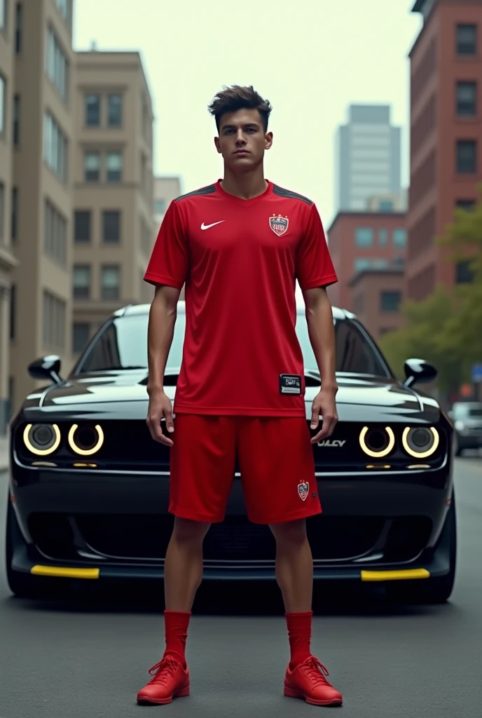  A faceless young man who wearing a red jersey  with a Dodge challenger car
