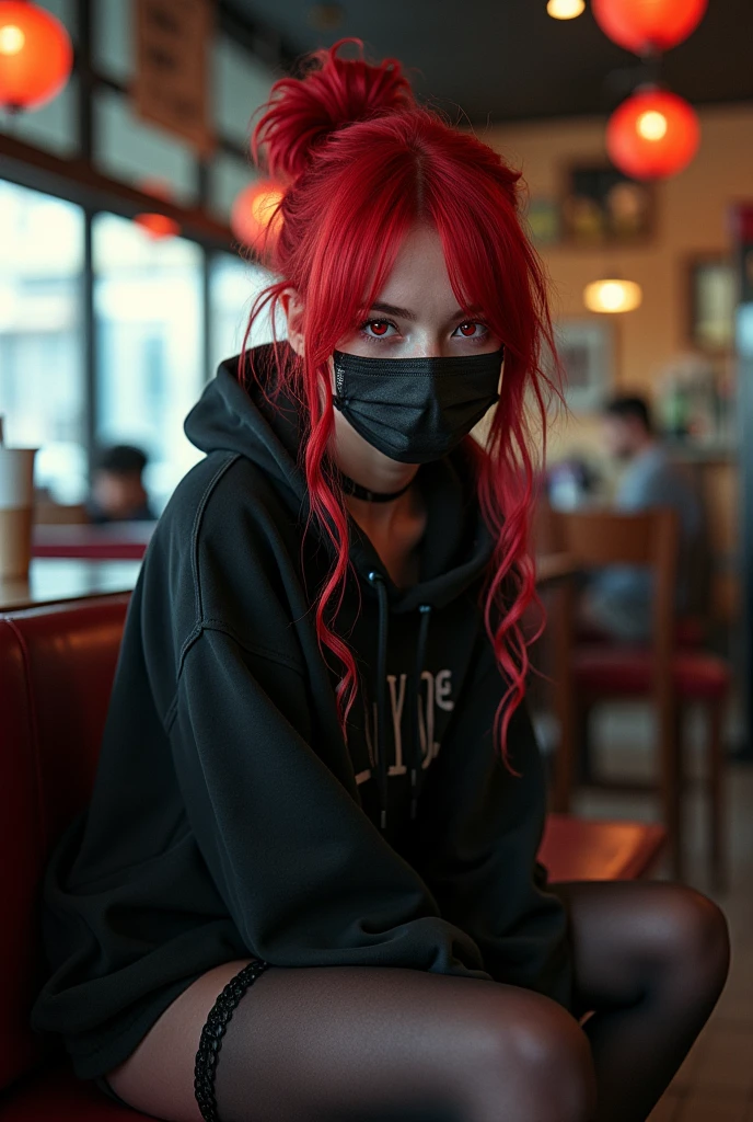 1 girl, Red hair, Updo, Strands of hair on the face, red eye, mask, Oversized Hoodie, Size, Hot Pants, Tights, laced Tights, Bags under eyes, meeting, café, Ground angle recording, Viewer looks up, feet in Tights, saggy tits, shocks, RAW photography, 8k, masterpiece,