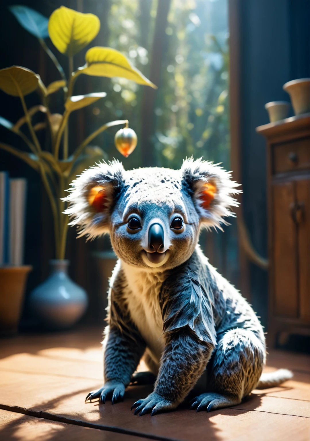 Cute koala with small earrings, Wear small glasses、She wore a small dress, Relaxing at home、Fine fur, Jean＝Baptiste Monge, Gilles Beloeil, Tyler Edlin, Marek Okon, Pixar, 8k, Album art, Comic book style, Golden Ratio, Perfect composition, masterpiece, Trending on Art Station, Extreme close up, Shooting from below. High Dynamic Range, Vivid, Rich details, Revealing shadows and highlights, Realistic, intense, Enhance contrast, Very detailed.