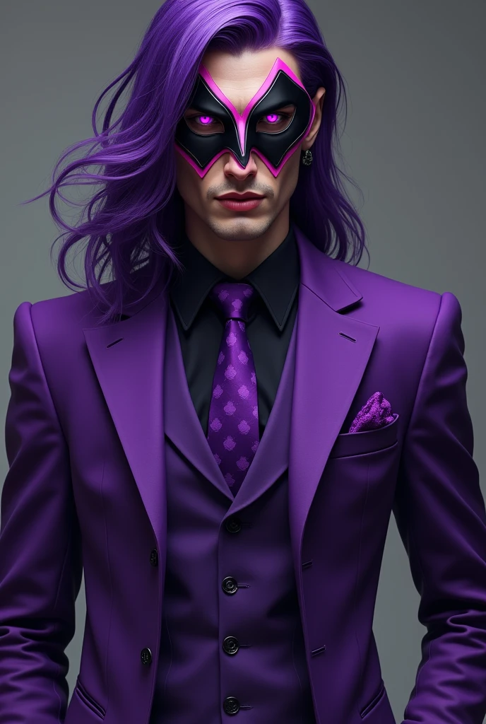A man with a purple suit, purple hair falling forward, bright purple eyes, purple with a black pink mask