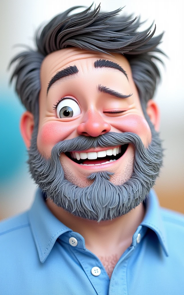 Cartoon character of a bearded, slightly chubby Caucasian man in a blue shirt, smiling, with gray beard strands and slightly closed eyes when smiling, animation character, Stylized character, animation style rendering, stylized 3D, Image rendering Arnold Maya, Stylized 3D Rendering, toon render screenshot, 3D Character, 3D Character, Stylized 3D Rendering, 3D Character Rendering, cartoon character, Closeup Character, Character Pose, (Pixar Style) (part master:1.2) (Bokeh) (best quality) (detailed skin) (detailed texture) (8K) (clay) (cinematic lighting) (sharp focus
