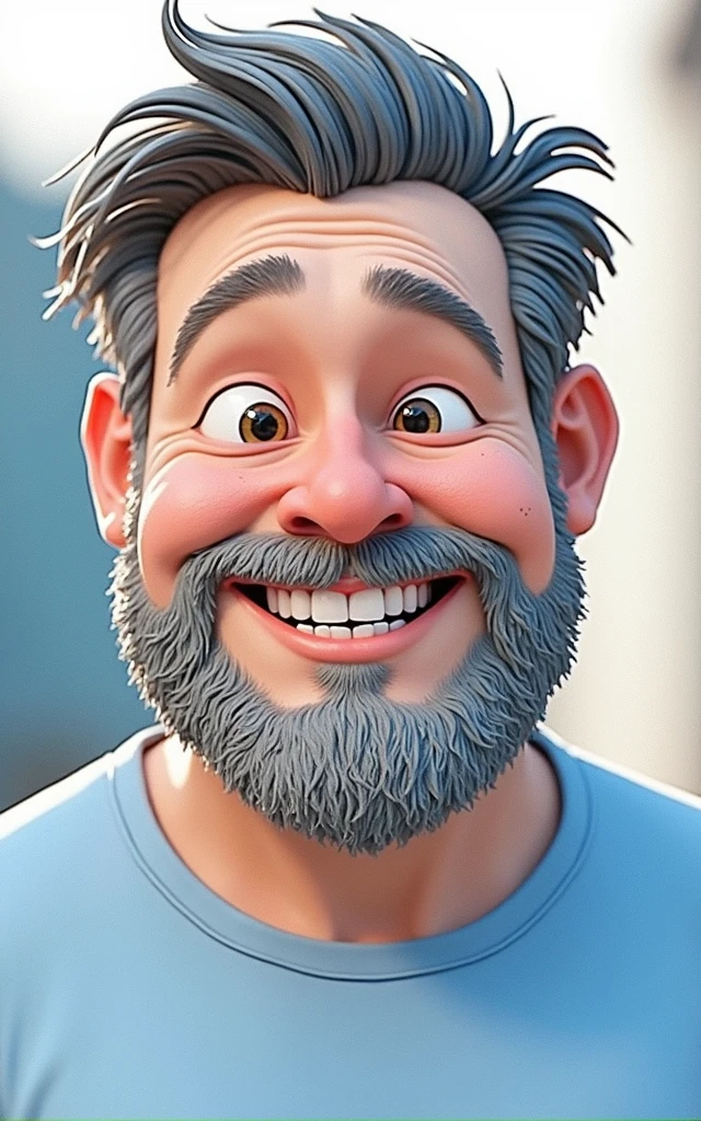 Cartoon character of a bearded, slightly chubby Caucasian man in a blue shirt, smiling, with gray beard strands and slightly closed eyes when smiling, animation character, Stylized character, animation style rendering, stylized 3D, Image rendering Arnold Maya, Stylized 3D Rendering, toon render screenshot, 3D Character, 3D Character, Stylized 3D Rendering, 3D Character Rendering, cartoon character, Closeup Character, Character Pose, (Pixar Style) (part master:1.2) (Bokeh) (best quality) (detailed skin) (detailed texture) (8K) (clay) (cinematic lighting) (sharp focus