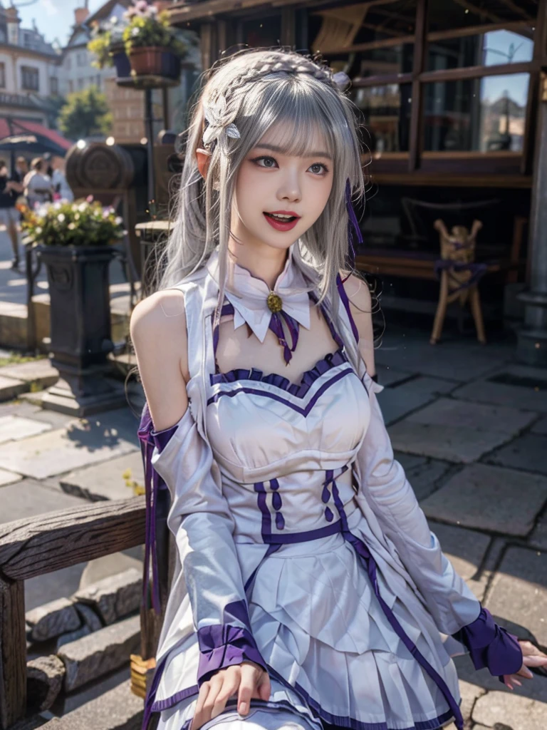 Highest quality、High resolution、Ultra-detailed、8k, Emilia、Emilia Masterpiece、Highest quality, In the castle courtyard, Bans, Clothes are white, 長いsleevemouth, just_shoulder, dull_前hair, Blurred, Blurred_background, Blurred_prospect, blush, Braid, chestout, huge breats,sexy body,chestの谷間, Closed_mouth, cloud, crown_Braiding, Tag, depth_In_Field, independent_sleeve, dress, Emilia_\(Again:Stay Night\), eyebrows_appear_Through_hair, flower柄, Precious stones, hair_flower, hair_Decorations have been removed, hair_ribbon, lens_Flare, length_hair, look up_in_Audience, low_length_hair, Moderate_chest, One_eye_Closed, Plein Air, Pleats_skirt, Spiky_ear, purple_eye, purple_ribbon, ribbon, Silver_hair, skirtの, null, Laughter, solo, very_length_hair, white_flower