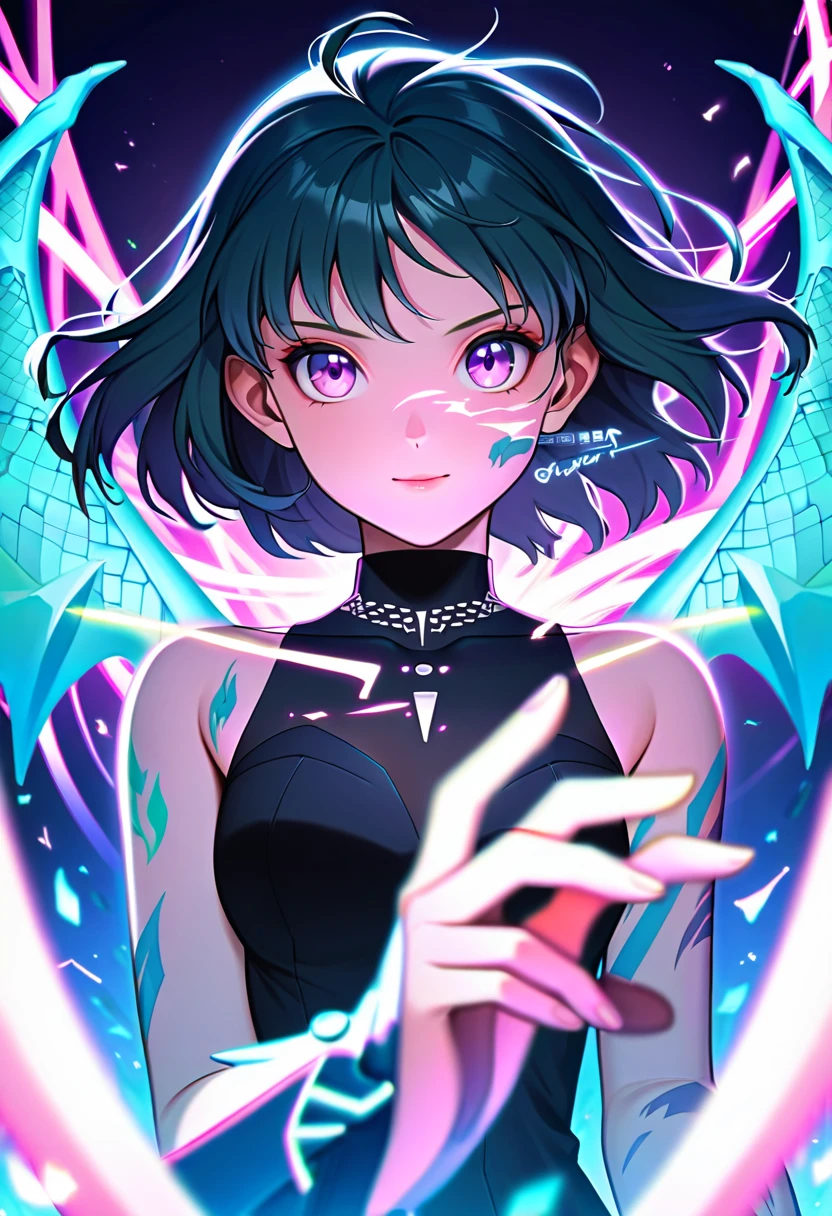 A Girl with a neon dragon tattoo that glows across his body and face.。 Tattoos on arms and face are interwoven with flames and emit a neon glow.。 This scene has a dreamy soft focus effect。 It highlights the dreamy glow of the tattoo.。 Stretch one hand in front of you、Hiei from the anime Yu Yu Hakusho、cyber punk、Energy Dragon behind、high resolution、high quality,dress