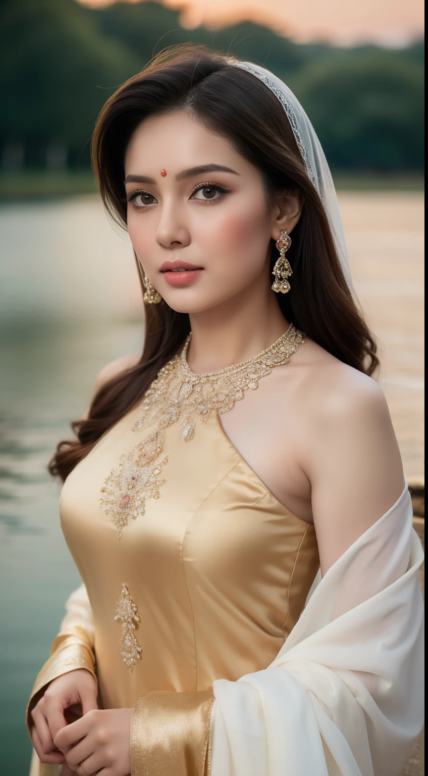 A photo of a young woman with long dark hair and piercing eyes standing by a lake. She is wearing a traditional Indian outfit, a stunning pink and gold ensemble with intricate embellishments. A delicate veil, adorned with shimmering beads, drapes gracefully over her shoulder. The setting sun casts a warm glow on the scene, highlighting the beauty of her attire and the serene backdrop. The woman's confident posture and captivating gaze suggest a sense of strength and grace, embodying the spirit of Indian culture. The image is a captivating blend of tradition and modernity, capturing the essence of feminine beauty and elegance.