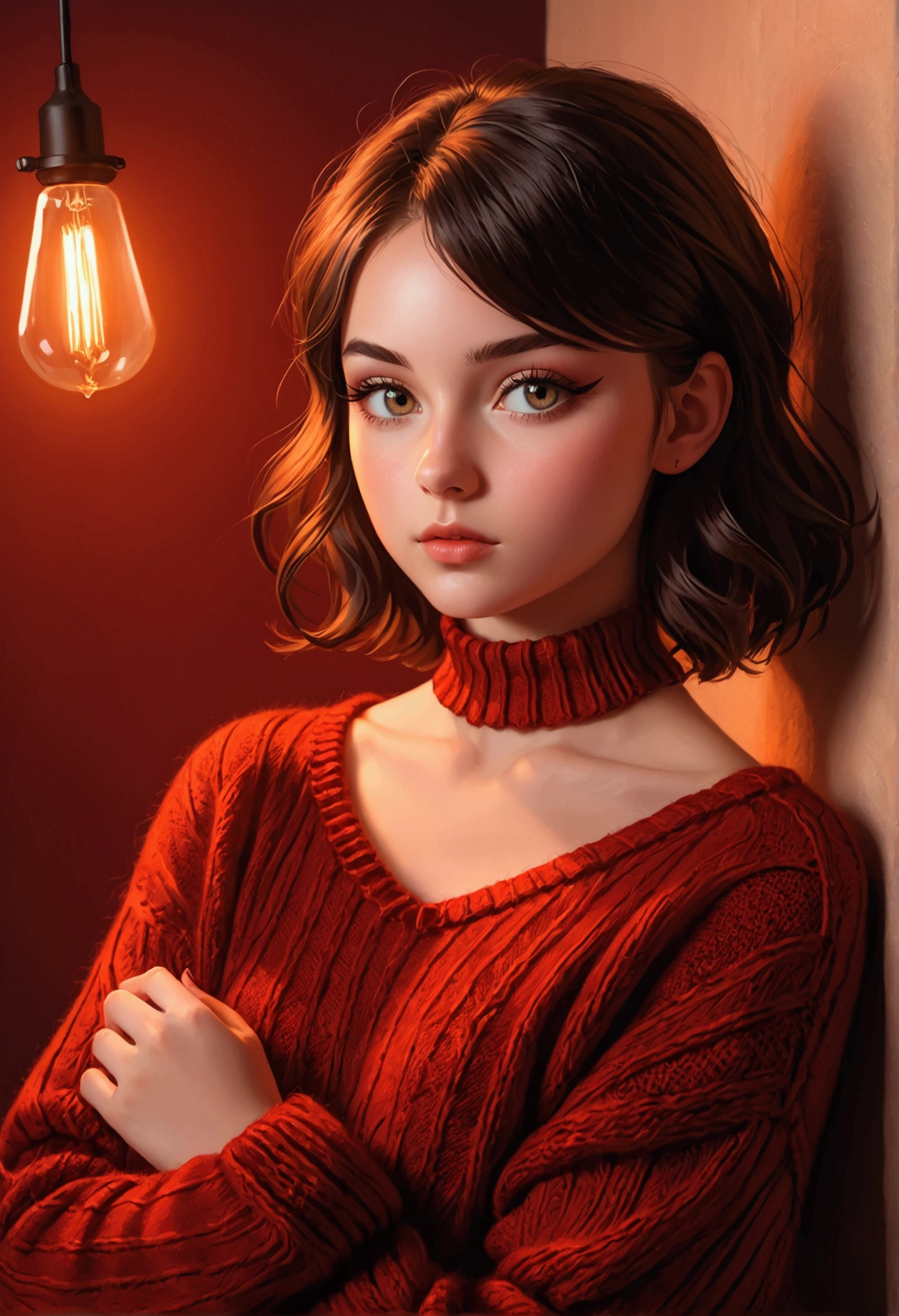 CRU photo, (18yo rothead girl:1.2), make up, Graphic eyeliner, rot, (choker:0.9), textura de pele realista, large knit sweater, (rot:0.8), softcore, warm lighting, warm atmosphere, instagram style, high quality dslr snapshot, high definition film grain photo taken at f/16, ISO 100, with 200mm lens, Global illumination, fibonacci, nsfw, show pussy and ass