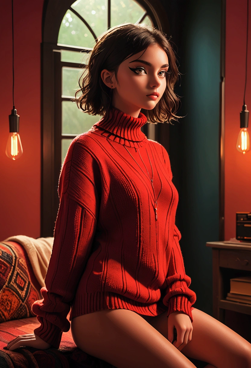 CRU photo, (18yo rothead girl:1.2), make up, Graphic eyeliner, rot, (choker:0.9), textura de pele realista, large knit sweater, (rot:0.8), softcore, warm lighting, warm atmosphere, instagram style, high quality dslr snapshot, high definition film grain photo taken at f/16, ISO 100, with 200mm lens, Global illumination, fibonacci, nsfw, show pussy and ass