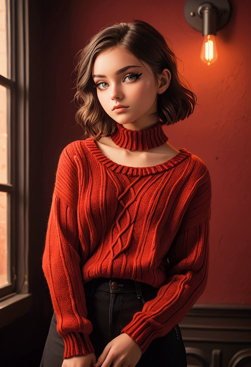 CRU photo, (18yo rothead girl:1.2), make up, Graphic eyeliner, rot, (choker:0.9), textura de pele realista, large knit sweater, (rot:0.8), softcore, warm lighting, warm atmosphere, instagram style, high quality dslr snapshot, high definition film grain photo taken at f/16, ISO 100, with 200mm lens, Global illumination, fibonacci, nsfw, show pussy and ass