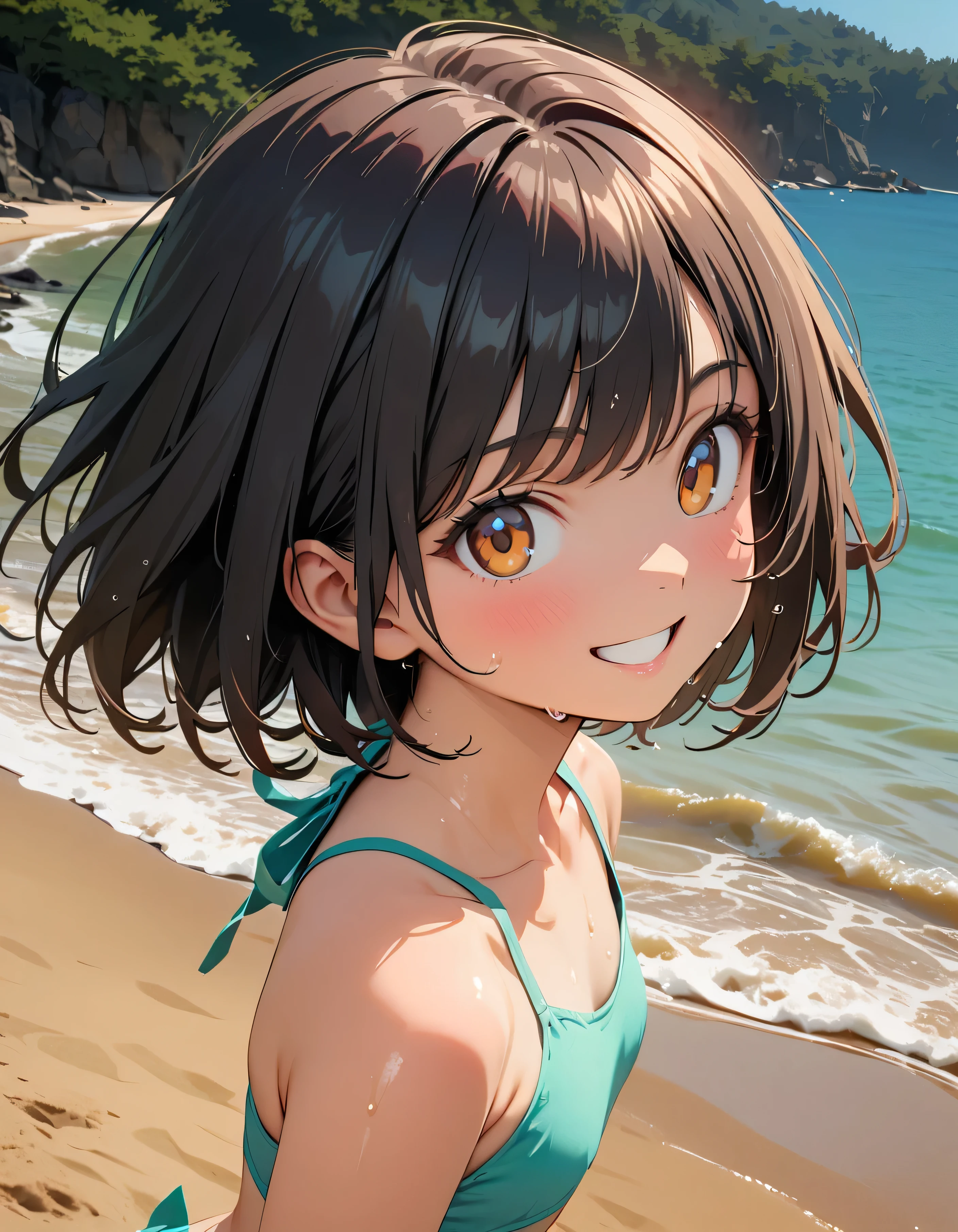 (Highest quality:1.2, Very detailed, Latest, Vibrant, masterpiece:1.2, Highest quality, Best aesthetics), smile, ((Face Up Shot:1.4)), 1980s style, 8K Ultra HD, Background Blur, smile, One Woman, Woman in bikini, Strong sunlight, Seaside, sunny, Summer sunshine, Wet Skin, Flat chest, Sandy Beach, Bobcut, low length, Dynamic Angle, very young, Get excited