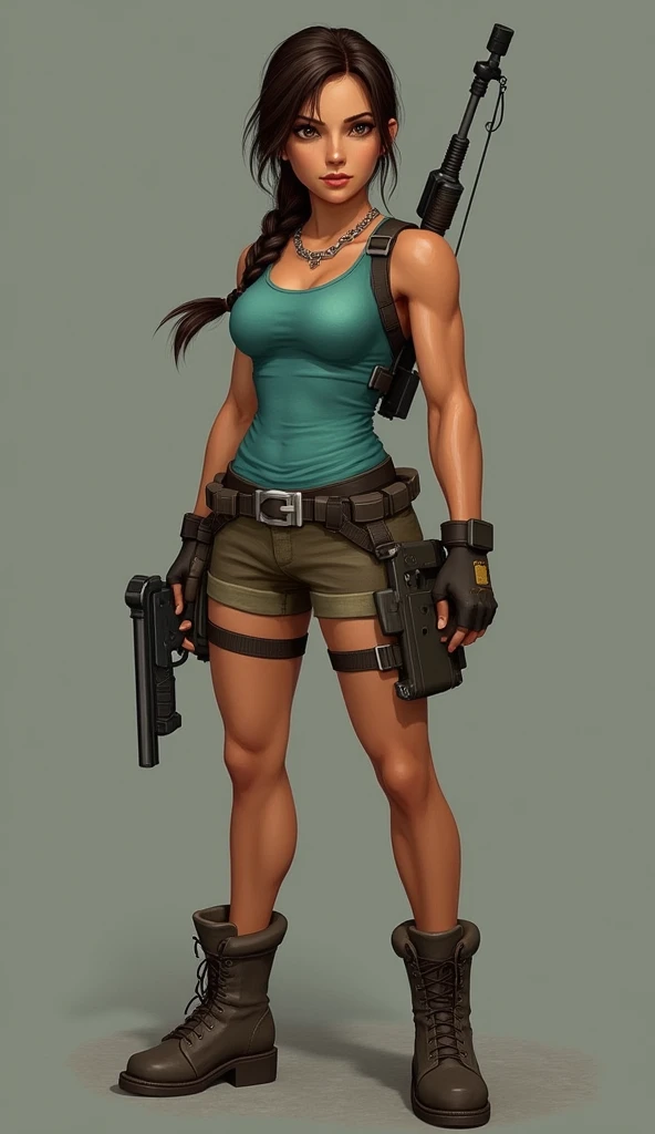 Lara Croft, the iconic protagonist of the Tomb Raider series, is known for her distinctive and athletic appearance. Here is a detailed description of her with a focus on her physical attributes:
Hair: Dark brown, often styled in a practical braid or ponytail, reflecting her adventurous lifestyle.
Eyes: Brown, conveying intelligence and determination.
Skin: Tanned, showing the effects of her outdoor adventures and physical challenges.
Outfit: Her classic outfit includes a turquoise tank top, light brown shorts, calf-high boots, and fingerless gloves. She also wears a utility belt with holsters for her dual pistols, and sometimes a backpack for her gear.
Accessories: She is often equipped with various tools and weapons, including her signature dual pistols, a climbing axe, and sometimes a bow.
Physique: Athletic and muscular, showcasing her agility, strength, and endurance. Her physique is well-toned, reflecting her rigorous training and physical activities.
Expression: Confident and focused, with a hint of curiosity and resilience, embodying her fearless and intelligent nature.
Lara Croft’s appearance is a blend of classic heroism and modern athleticism, making her one of the most recognizable and influential characters in gaming