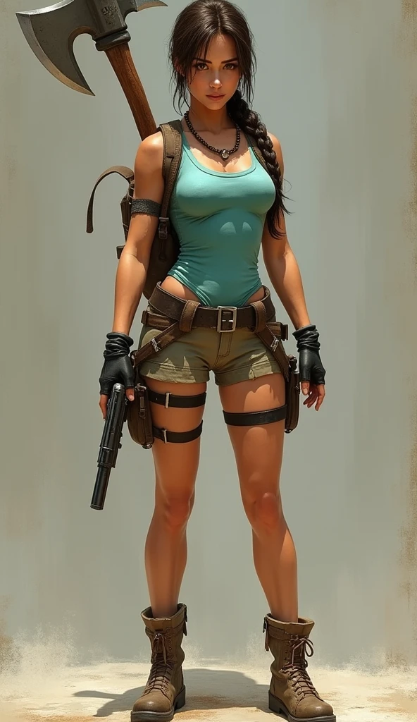 Lara Croft, the iconic protagonist of the Tomb Raider series, is known for her distinctive and athletic appearance. Here is a detailed description of her with a focus on her physical attributes:
Hair: Dark brown, often styled in a practical braid or ponytail, reflecting her adventurous lifestyle.
Eyes: Brown, conveying intelligence and determination.
Skin: Tanned, showing the effects of her outdoor adventures and physical challenges.
Outfit: Her classic outfit includes a turquoise tank top, light brown shorts, calf-high boots, and fingerless gloves. She also wears a utility belt with holsters for her dual pistols, and sometimes a backpack for her gear.
Accessories: She is often equipped with various tools and weapons, including her signature dual pistols, a climbing axe, and sometimes a bow.
Physique: Athletic and muscular, showcasing her agility, strength, and endurance. Her physique is well-toned, reflecting her rigorous training and physical activities.
Expression: Confident and focused, with a hint of curiosity and resilience, embodying her fearless and intelligent nature.
Lara Croft’s appearance is a blend of classic heroism and modern athleticism, making her one of the most recognizable and influential characters in gaming