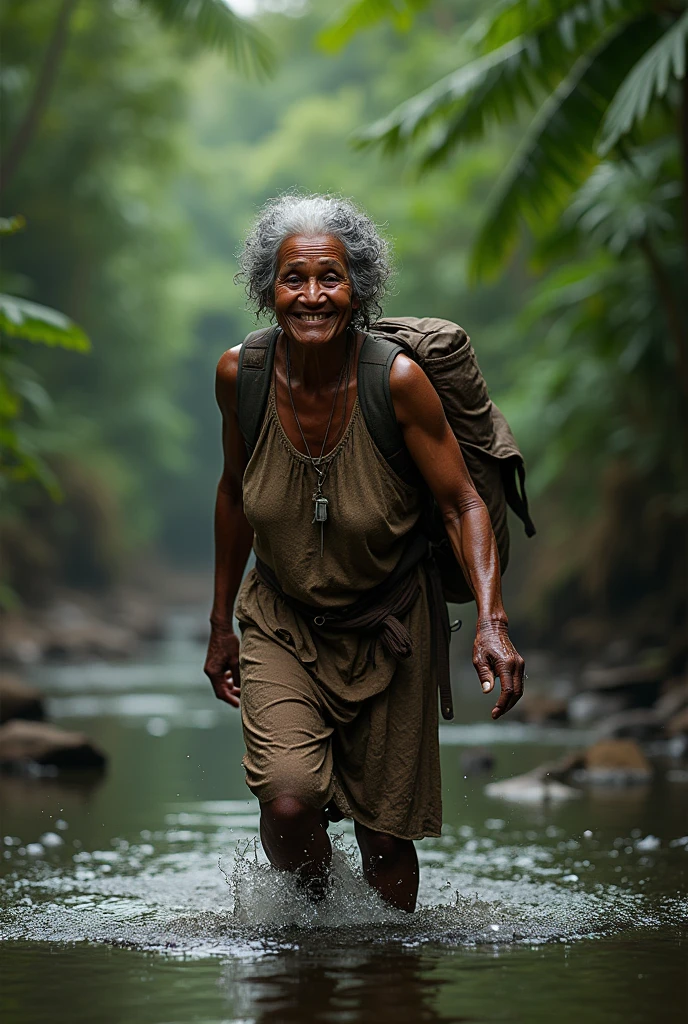 Photorealism 1.4 realistic realism high detailed definition Malaysia native aboriginal orang asli old women curly hair white black crossing river river stream dark skin weaver backpack smile faces jungle