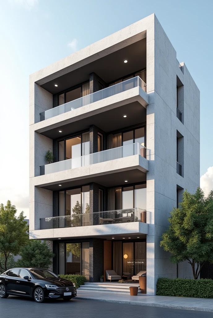 ((best quality)), ((masterpiece)), (detailed), perfect facade architecture , residential facade architecture , contemporary minimal exterior view , high qulity rendering architecture ,sunny day , , 6th floors , white and black stone material , in the city in tehran , a car parked in front of the building , high detail , modern architecture