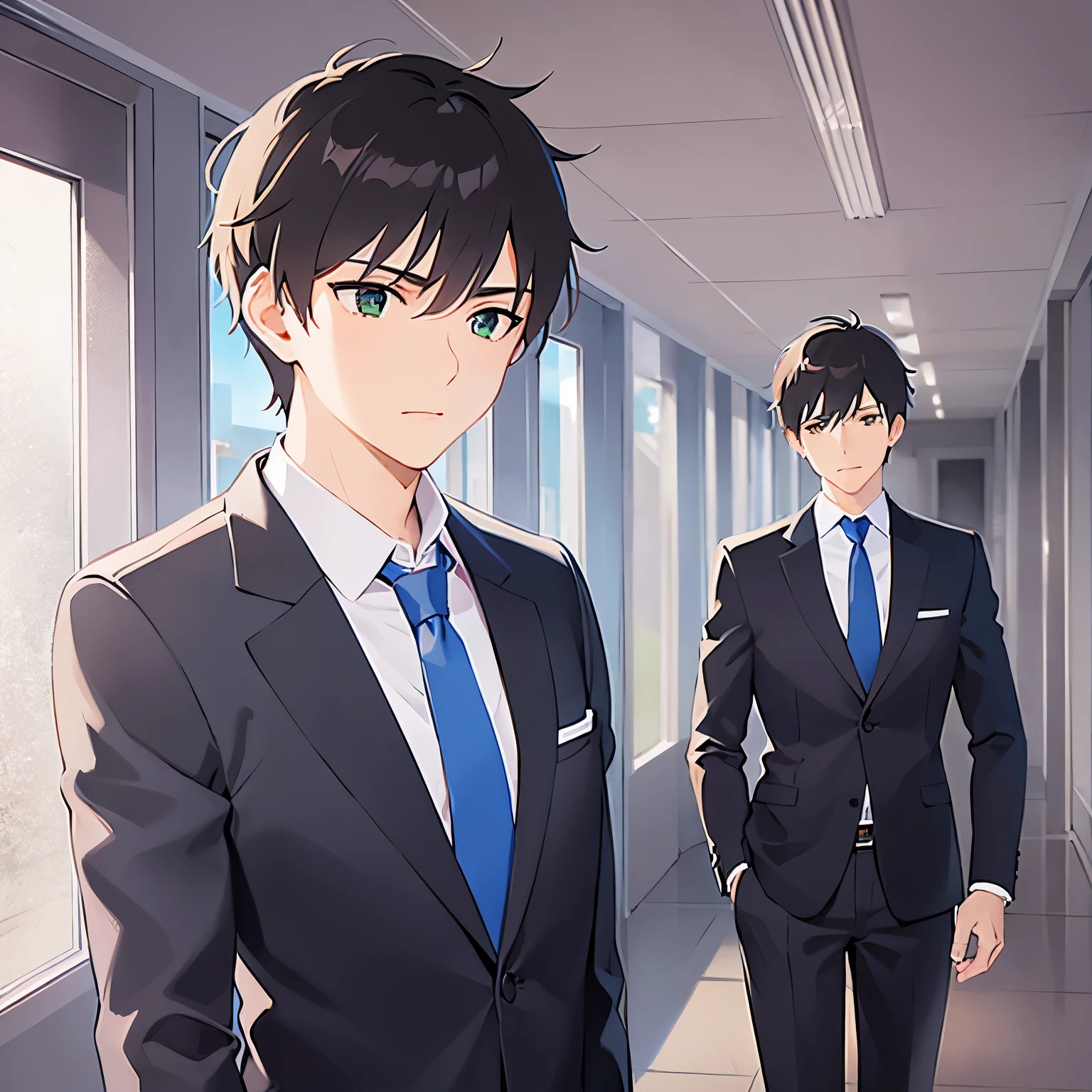 upper body,shiny skin,(looking away:1.5),masterpiece,Highest quality,(Male 2:1.5) and (Brown short hair) and (Green Eyes), (Wearing a suit:1.3) and (Blue tie),angry,The background is a company corridor,(Alone:1.5),