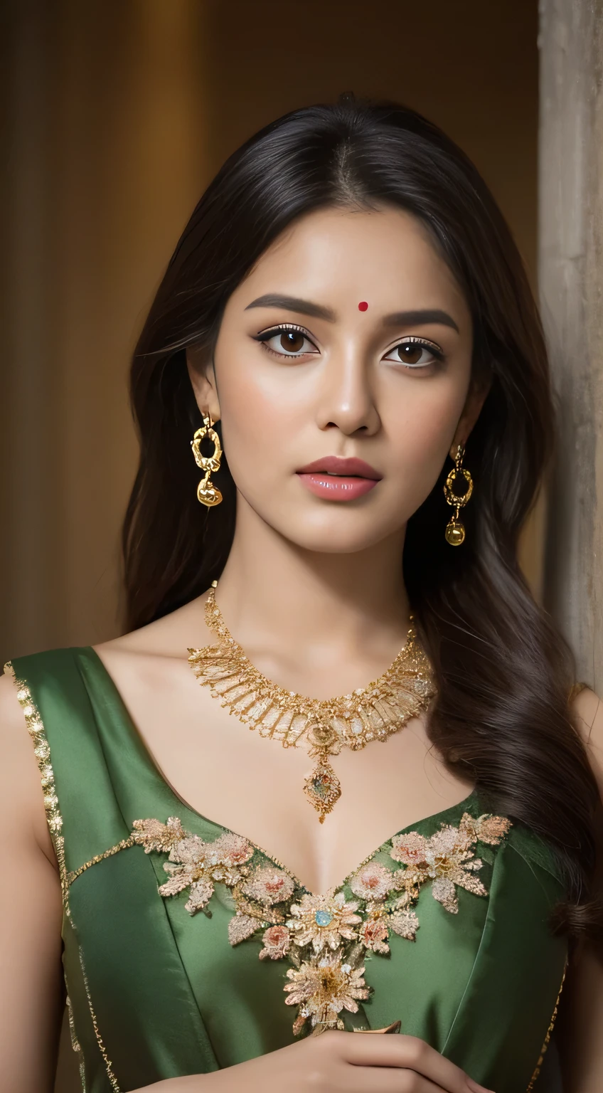 An image of a woman adorned in traditional Indian attire, exuding elegance and grace. She wears a white, sleeveless blouse, cinched at the waist with a golden band, paired with a deep green, flowing saree. Her long, dark hair is styled with a garland of white flowers, cascading down her back. A stunning array of gold necklaces, including a statement pendant, rests on her collarbone, adding a touch of opulence. The woman's posture is poised and confident, her gaze directed away from the camera, creating an air of mystery and allure. The image captures the essence of traditional Indian beauty and the intricate artistry of the garments.