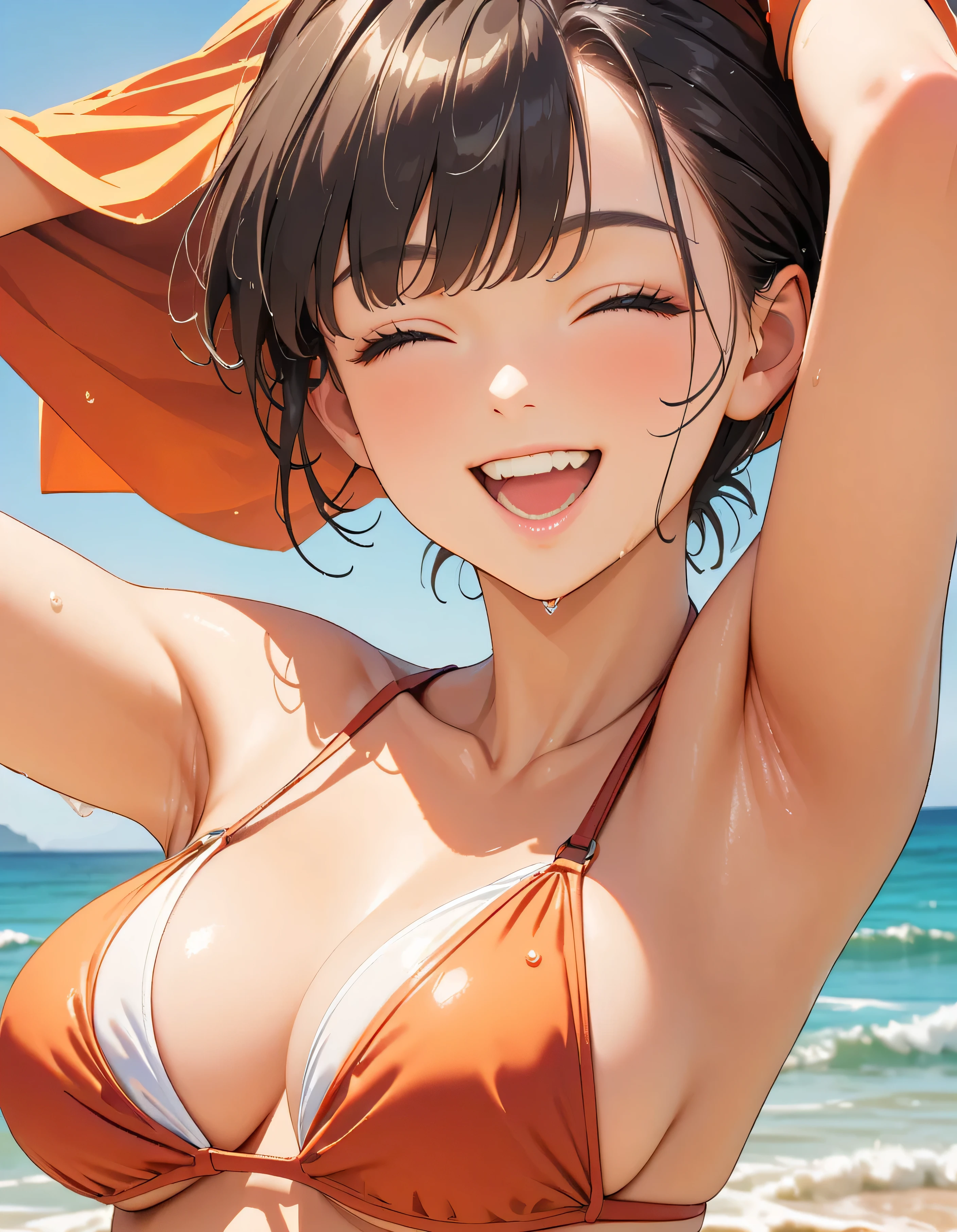 (Highest quality:1.2, Very detailed, Latest, Vibrant, masterpiece:1.2, Highest quality, Best aesthetics), smile, ((Face Up Shot:1.4)), 1980s style, 8K Ultra HD, Background Blur, smile, One Woman, Woman in bikini, Strong sunlight, Seaside, sunny, Summer sunshine, Wet Skin, Sandy Beach, Dynamic Angle, Get excited