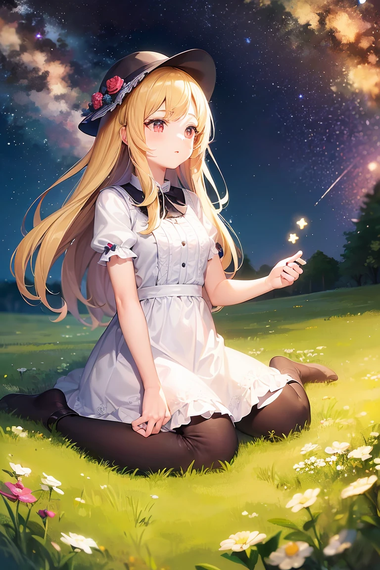 A girl on a meadow,Stars twinkling in the sky,Shining Star,milky way,I look up and see,Pure World,masterpiece,Highest quality,最高masterpiece,Detailed anime art,Digital Art,