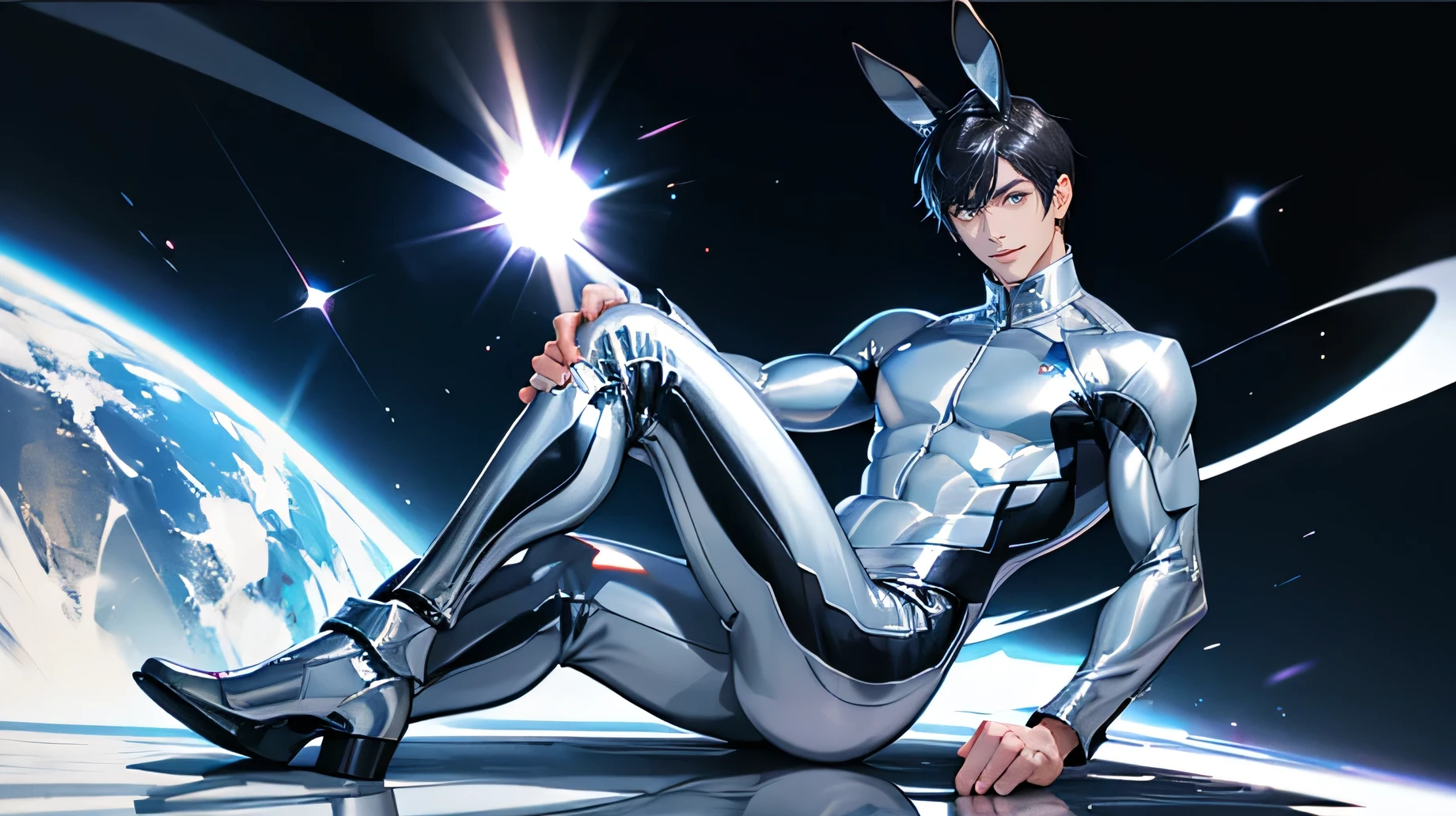 Japanese　　Handsome model　Fierce　　2　male　　smile　　　Black Hair　　Short cut　Short hair　　　looking at the camera　　　　　Shiny full-body silver suit　Mega Bulge　　Shiny silver latex suit　　looking at the camera　future world　 　　planets on the background　　　Face close-up　　Bunny ears