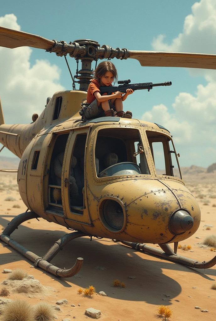 A girl sitting on a wooden Helecoptet and she is having a gun