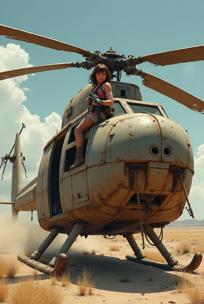 A girl sitting on a wooden Helecoptet and she is having a gun