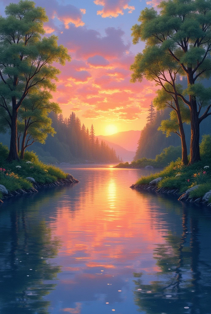 Un coucher de soleil sur un petit lac avec un léger, effet de vent qui parcourt de gauche à droite dans un style illustration. illustration au crayon de couleur