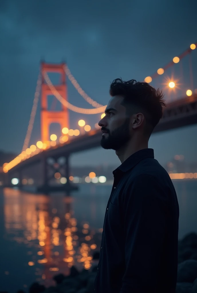 A nighttime scene featuring a man standing near a river, illuminated by soft lighting. He is dressed in a black shirt and is gazing off into the distance with a thoughtful expression. Behind him, a beautifully lit suspension bridge glows with warm yellow lights, reflecting on the calm water below. The background is dark, with hints of distant lights from buildings, creating a serene and contemplative atmosphere."