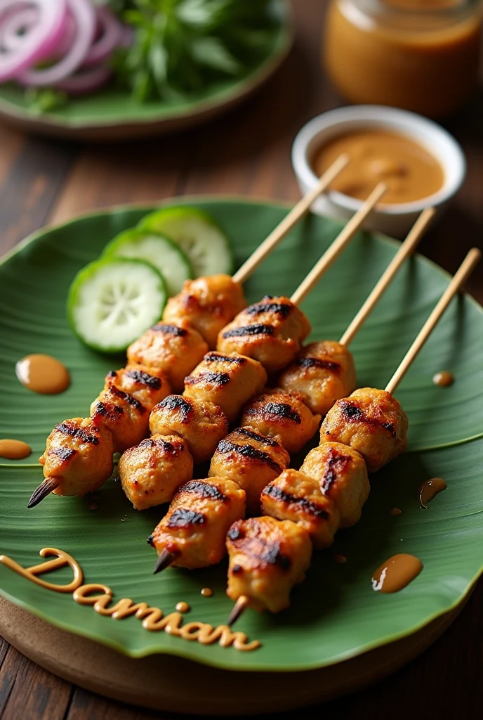 Create a realistic photo of Indonesian chicken satay (sate ayam) served on a plate placed on a banana leaf laid on a wooden table. The plate should feature several skewers of grilled chicken satay, drizzled with peanut sauce and garnished with sliced cucumbers and onions. On the banana leaf, there should be a visible sign or label with the name 'DAMIAN' written in elegant font. Don't blur the background"