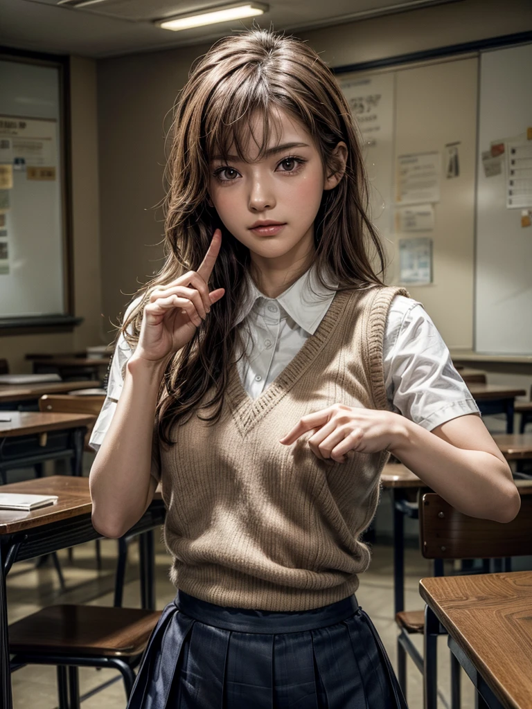 Masterpiece, Top Quality, Top Mikoto, brown eyes, short hair, small breasts, looking at viewer, alone, closed mouth, collared shirt, beige knit vest, dark blue  Skirt, school_uniform, shirt, white_shirt, classroom,Masterpiece, highest quality, 8K, detailed skin texture, fine cloth texture, beautiful detailed face, intricate details, super detailed,cute,cute posing,composition that shows the whole body, brown hair,Pointing a finger like a gun, aiming straight ahead, gun hand sign, detailed finger