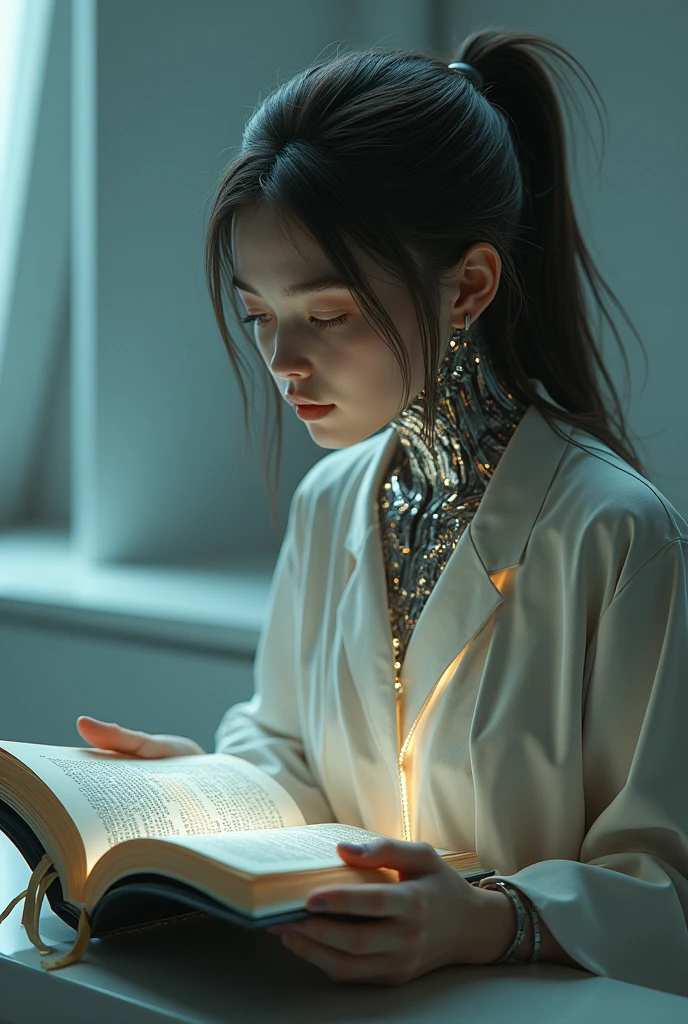 A girl created by artificial intelligence reading the Christian Bible