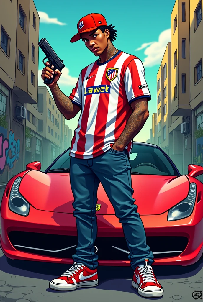 Make an image with cartoon drawing lines of a Rapper with a cap and an Atlético Mineiro team shirt with a gun in his hand and a Ferrari behind him
