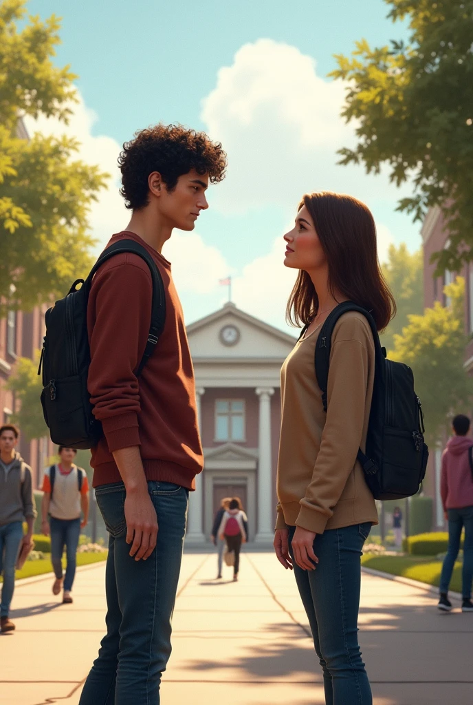 Create a couple at school The tall dark-haired man with curly hair The short brunette with straight hair