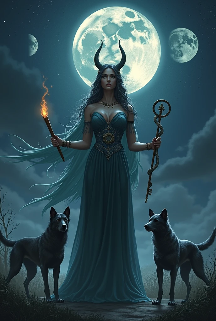 Goddess Hekate in a night landscape, with two dogs, One on Each Side, a triluna in your, a key around your neck, holding a torch in one hand and a snake in the other.