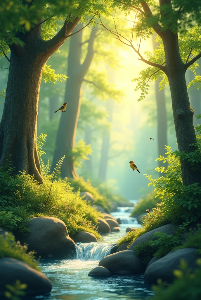 Create a serene forest scene with soft sunlight filtering through tall trees, a gentle stream flowing over smooth rocks, and birds quietly chirping in the background. The atmosphere is peaceful, with the rustling of leaves in the breeze adding a soothing, rhythmic quality to the music.