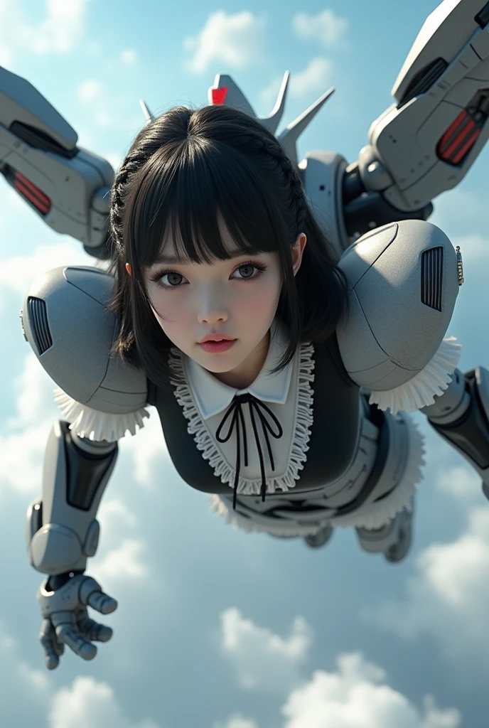 (Highest quality)), ((masterpiece)), (Very detailed: 1.3), 3d, {(Japanese young girl)}, A Japanese girl wears a gothic outfit with white frills under her armor, wears a futuristic Gundam mecha,(Gundam), With headgear, With V fin , Armored Shoulders,Armed, Armor under the feet, Multi-layer texture perfect ratio, Octane Rendering, Duotone Lighting, Low ISO, wide aperture, White balance, Three-part method, Ultra HD 16k, High resolution (High Dynamic Range), Ray Tracing, NVIDIA, Super Resolution, Scattered beneath the surface, PBR Texturing, Post-processing, Anisotropic Filtering, Depth of written boundary, Maximum clarity and sharpness, Highly efficient subpixels, Subpixel Convolution, Particles of light, Scattered Light, Tyndall effect, whole body:1.5, Flying Pose, cute, (cute:1.2), (Bobcut:1.3),Braid, Black Hair, Thick eyebrows, Light-colored irises, Big, bright black eyes, Long eyelashes, Small, light-colored, natural lips, (The average face of the Japan idol), (日本人特有のBaby Face:1.3), (Baby Face), Wide forehead:1.2, Plump Cheeks, Small jaw, Visible side boob, (Mechanical Wings),In the sky,(Shoot in the back:1.5),(Shooting from below), Recall,View your viewers,Focus on the eyes ,Looking up at her from the soles of her feet,Leg spread,